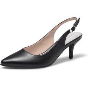 Women’s Matte Leather Black Closed Pointed Toe Kitten Heels Slingback Pumps